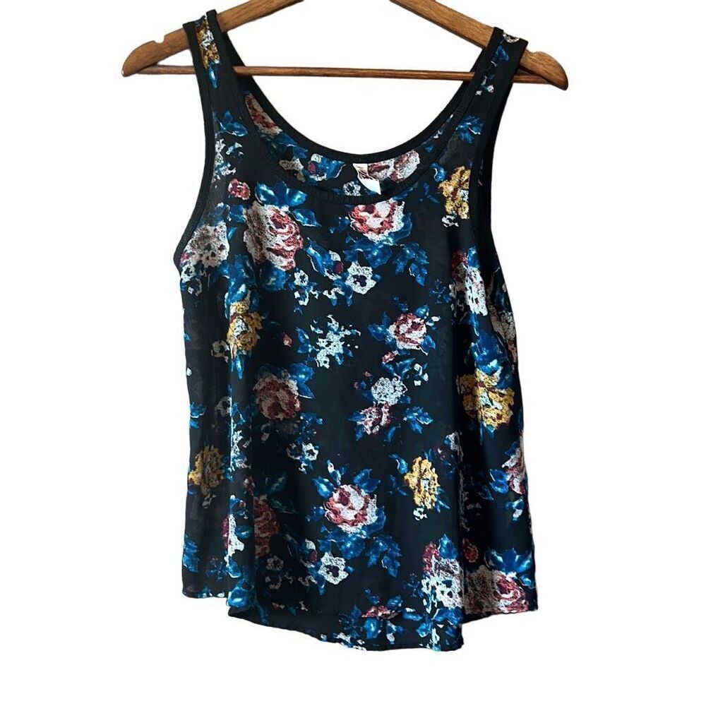 Mudd Black Floral Tank Top with Blue, Yellow, and Pink Flowers